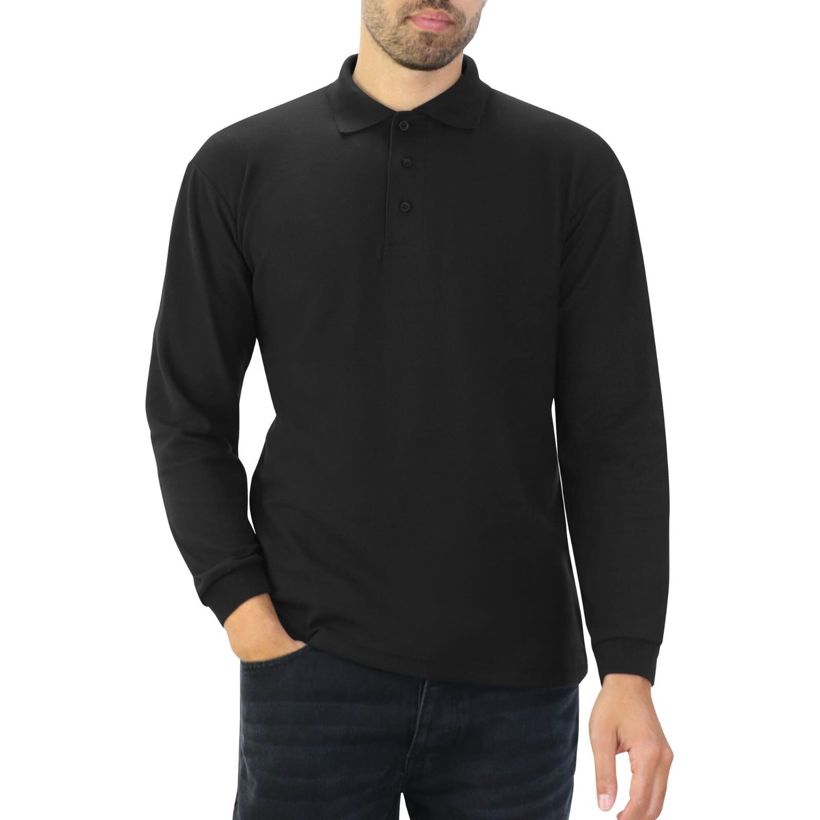 Mens Long Sleeve Polo Polycotton Plain Rib Collar Polos Shirt Casual Regular Top gallery