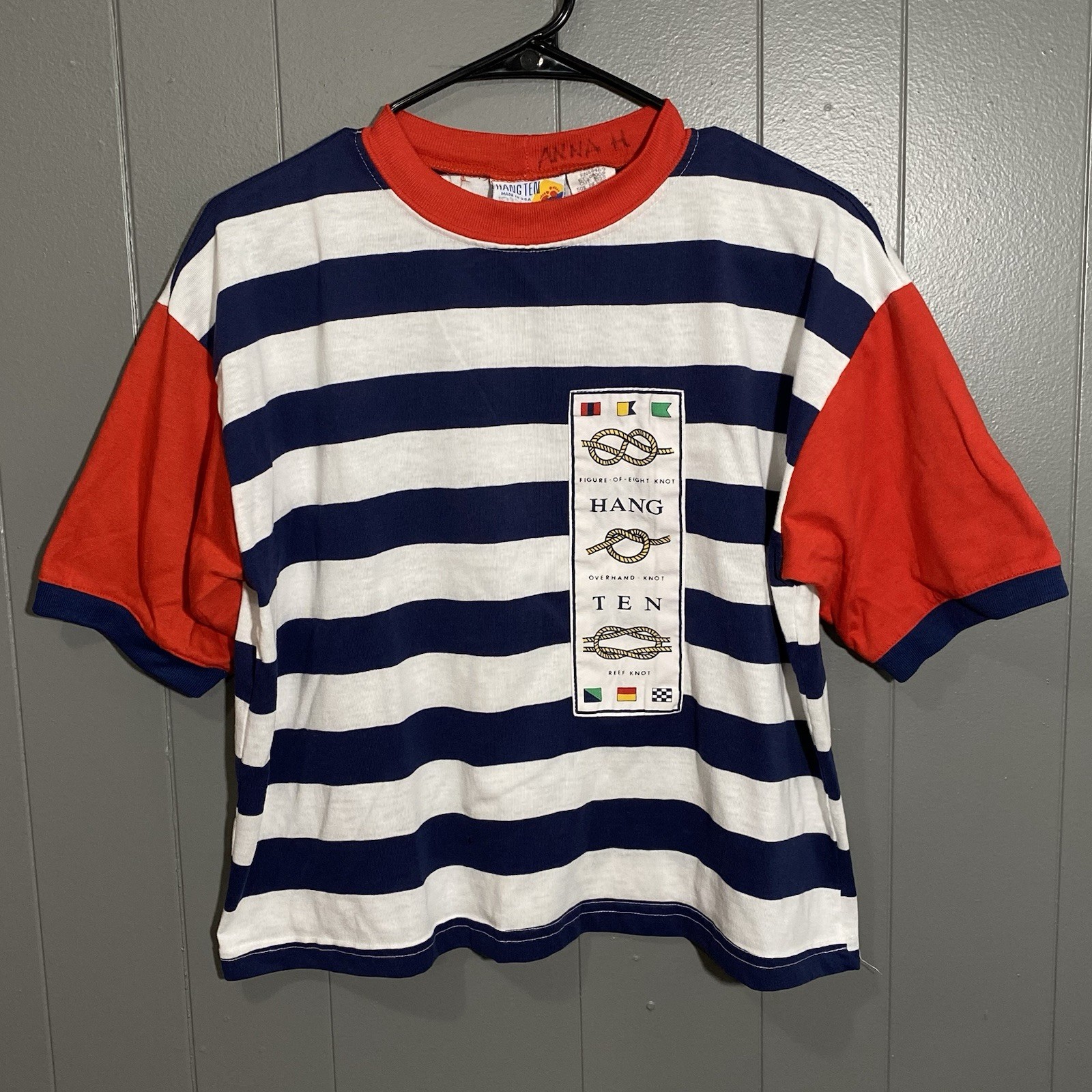 Vintage 80s Hang Ten Size MT Navy White Striped Boxy Nautical T Shirt