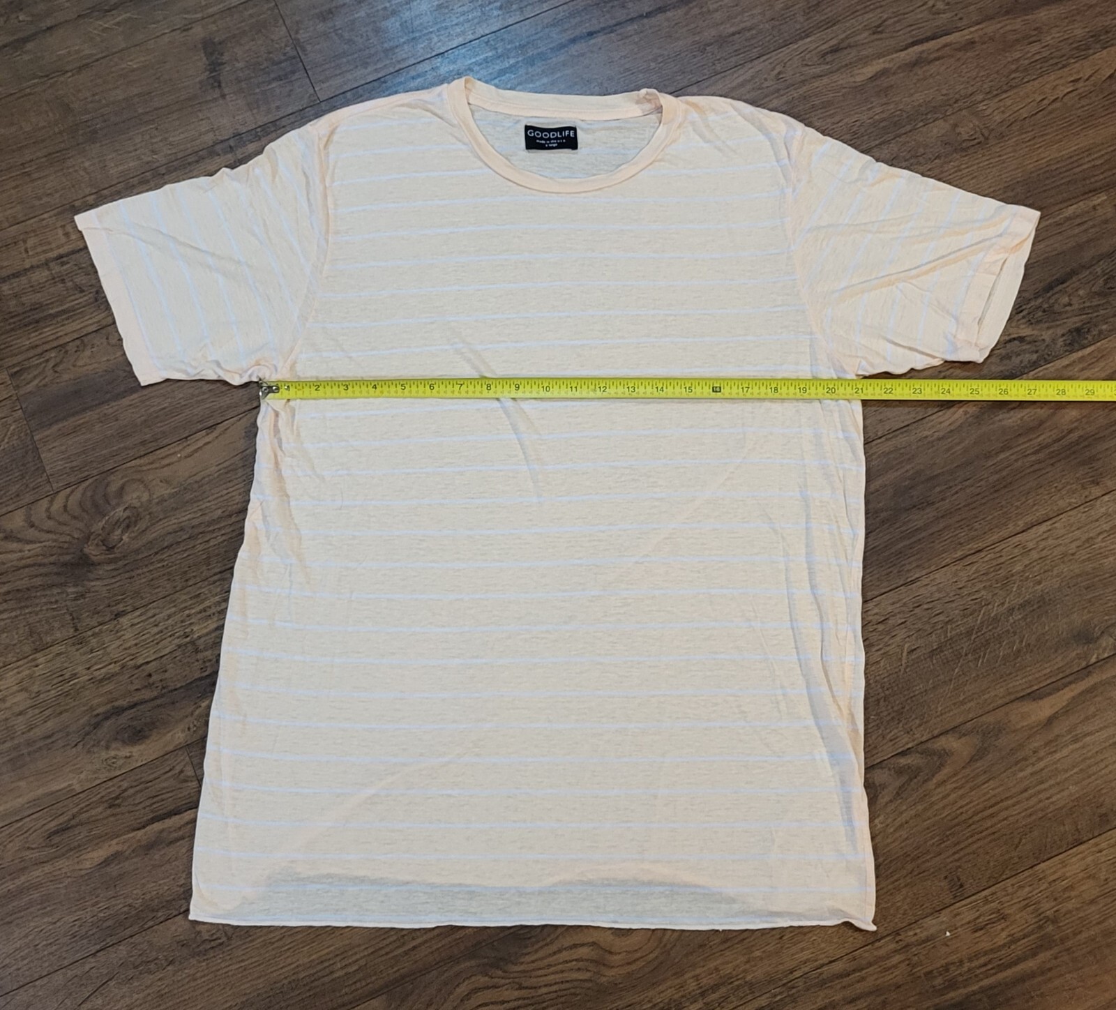 GoodLife Striped T Shirt Mens XL Peach Curved Hem Crew Thin Lyocell Linen USA gallery