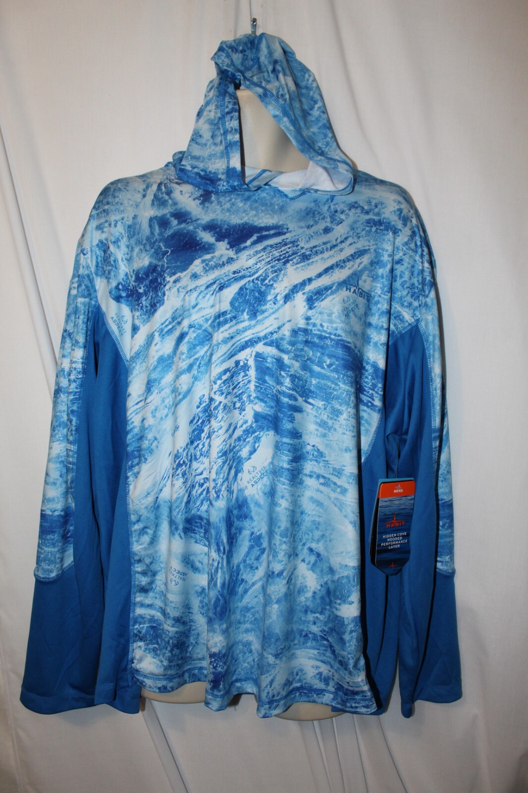 mens habit hidden cove LS poly fishing shirt M nwt blue water camo hoodie
