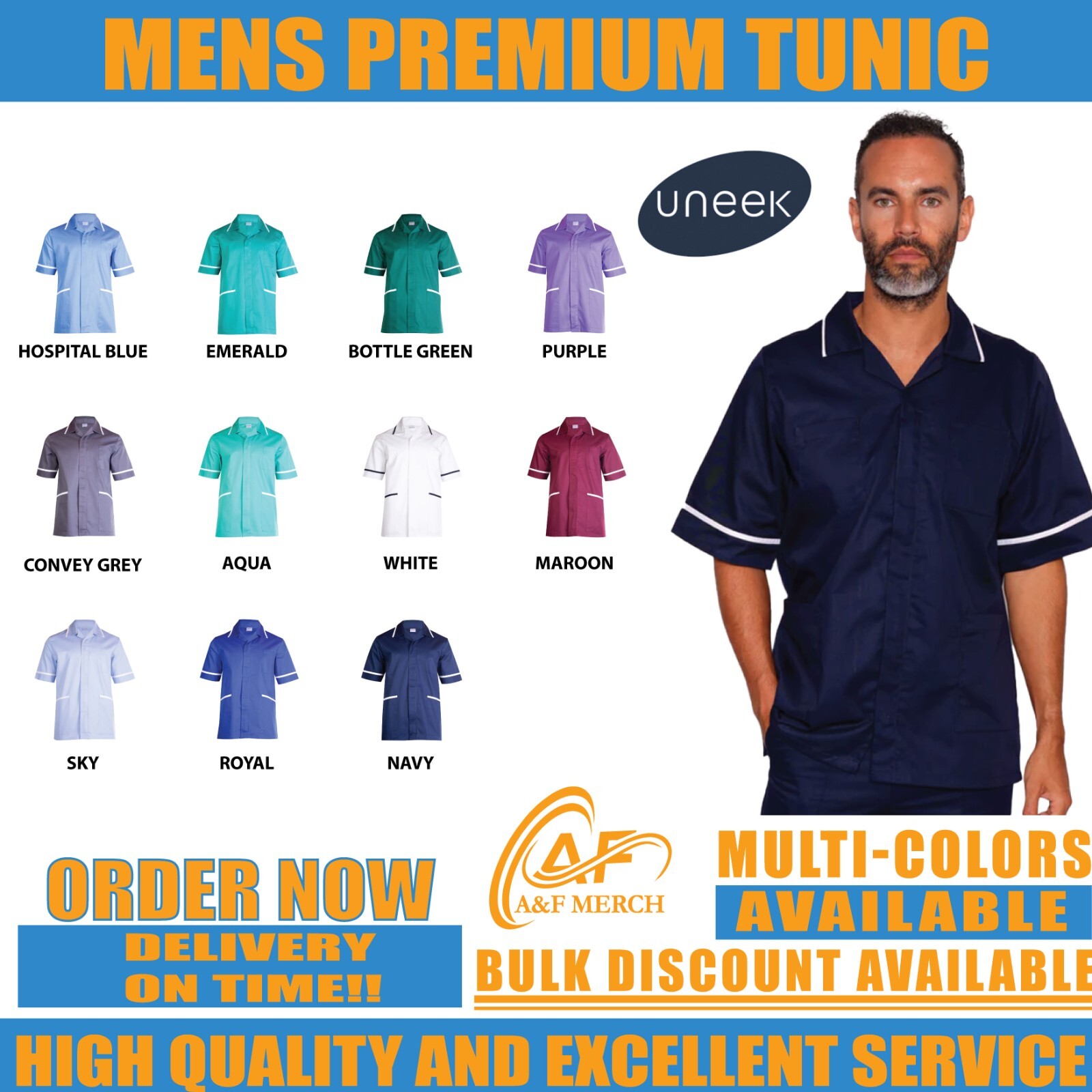 Mens Premium Tunic Uneek Healthcare Hospital Nurse Salon Spa Barbers Plain UC924
