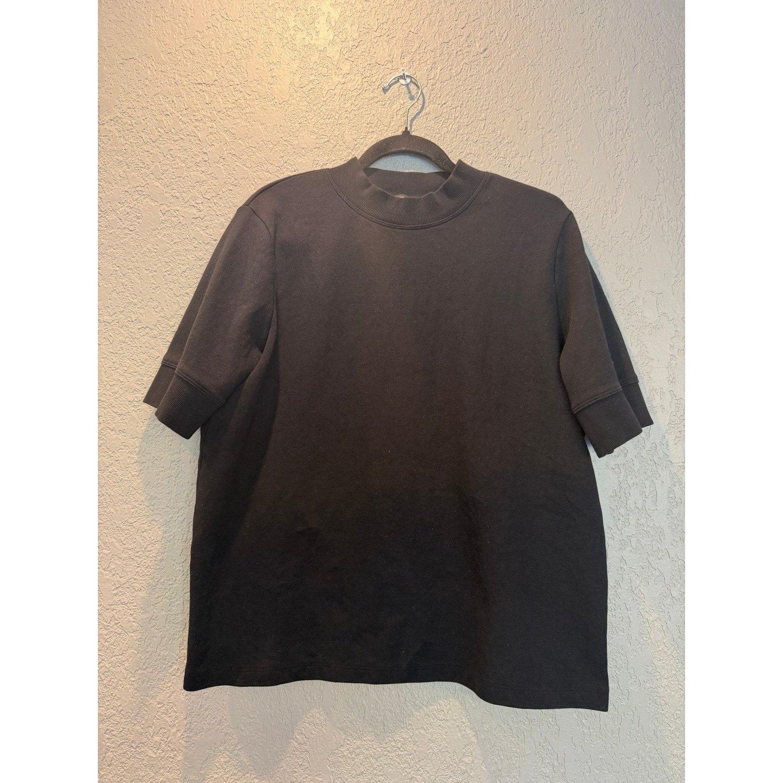 Zara Womens Black Mock Neck Short Sleeve Tee Shirt Ribbed Cuffs XL 4174/648/800