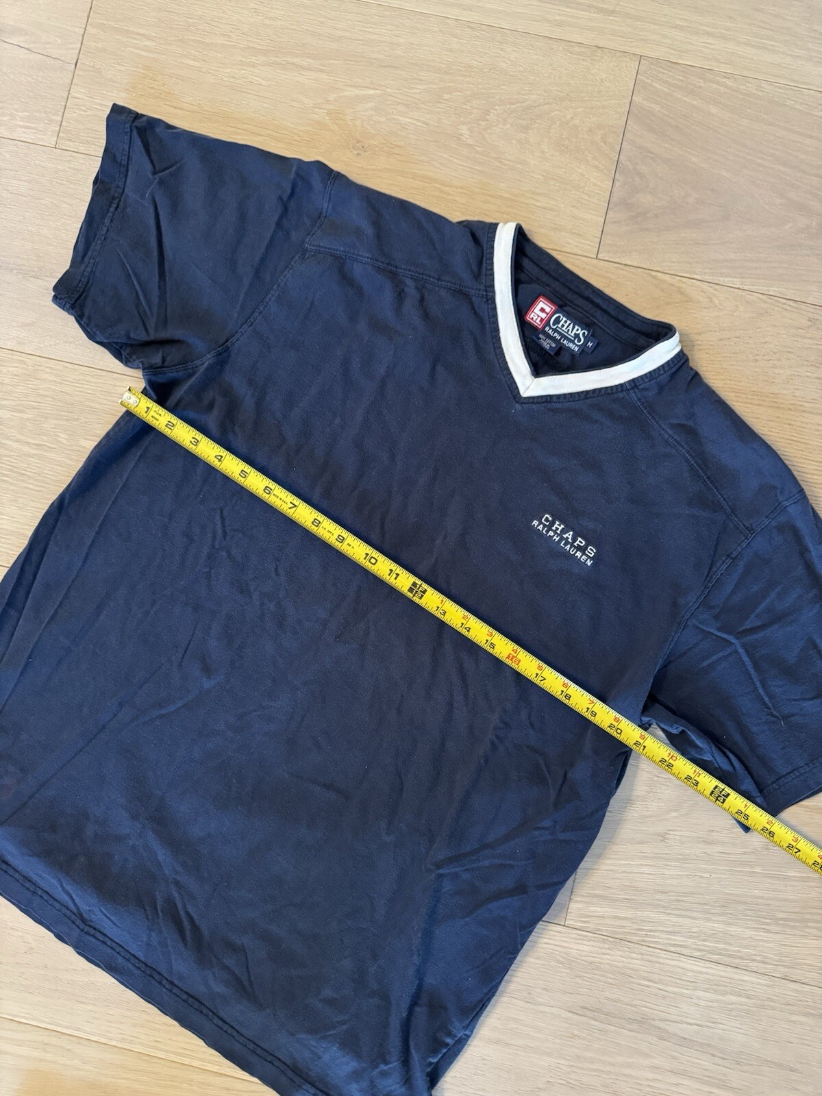 Chaps Ralph Lauren Vintage Embroidered Navy Tee With White V Collar - 90’s M gallery