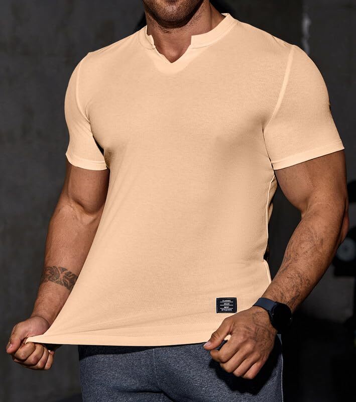 Mens V-Neck Muscle Slim Henley Shirt Workout Gym Athletic Shirt Summer Fashio... gallery