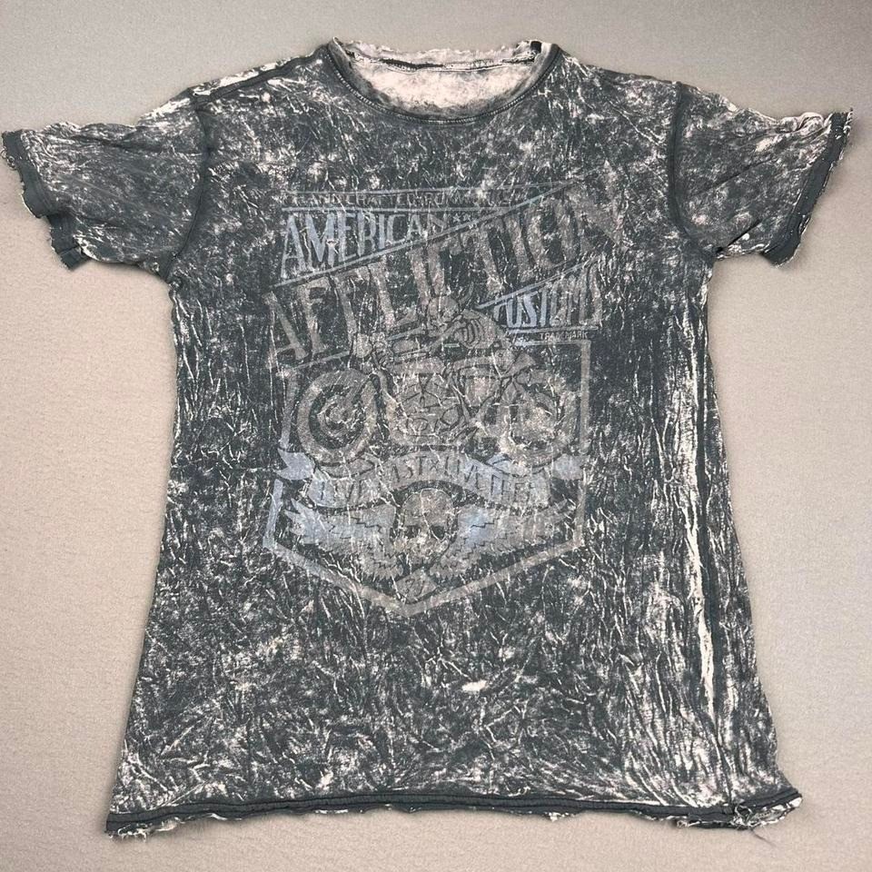 Y2K Gray Skeleton Biker Tee AOP Tie-Dye Grunge Goth Skater Shirt Size S/M gallery