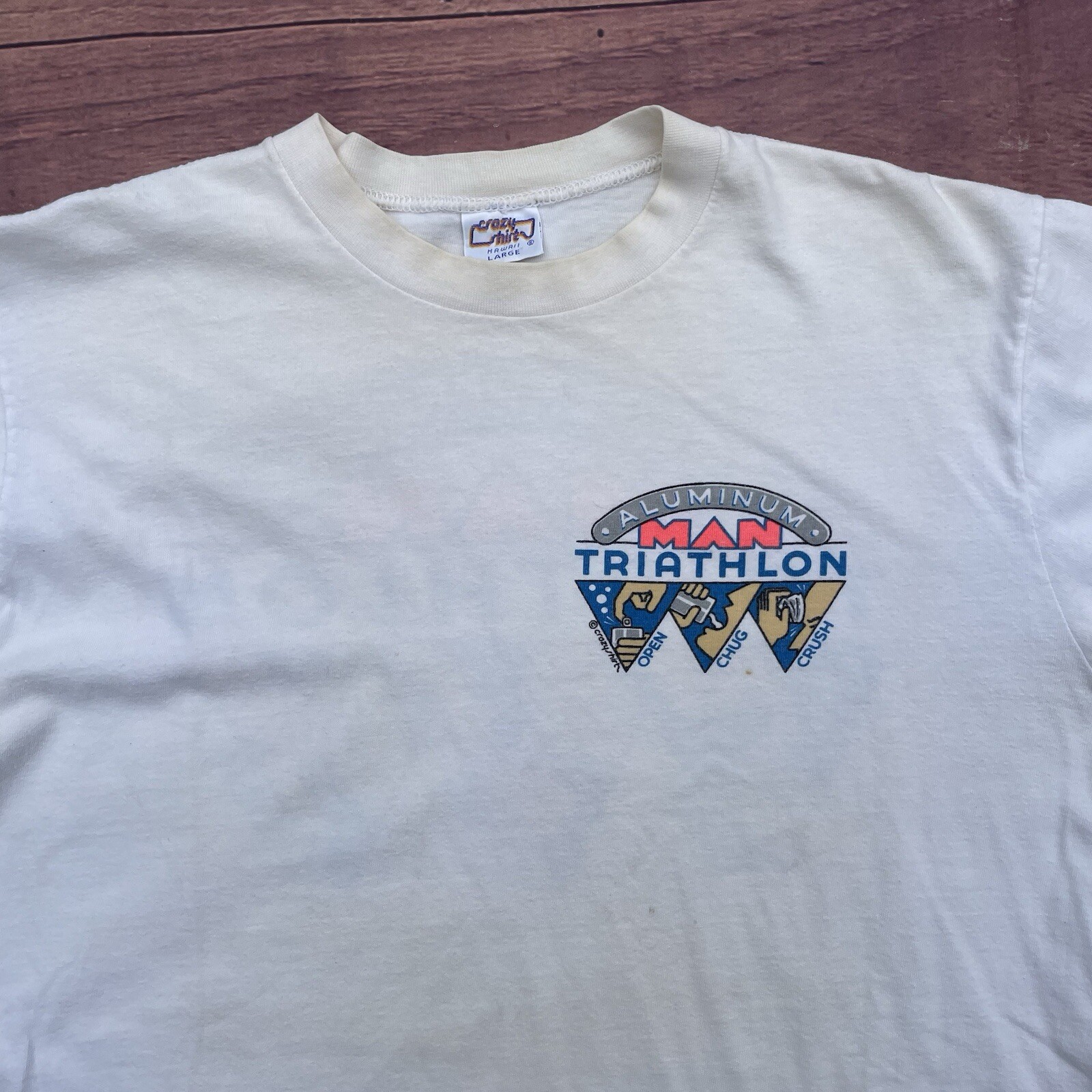 Vtg Crazy Shirts Aluminum Man Triathlon Shirt Beer Drinking Open Chug Crush Sz L gallery