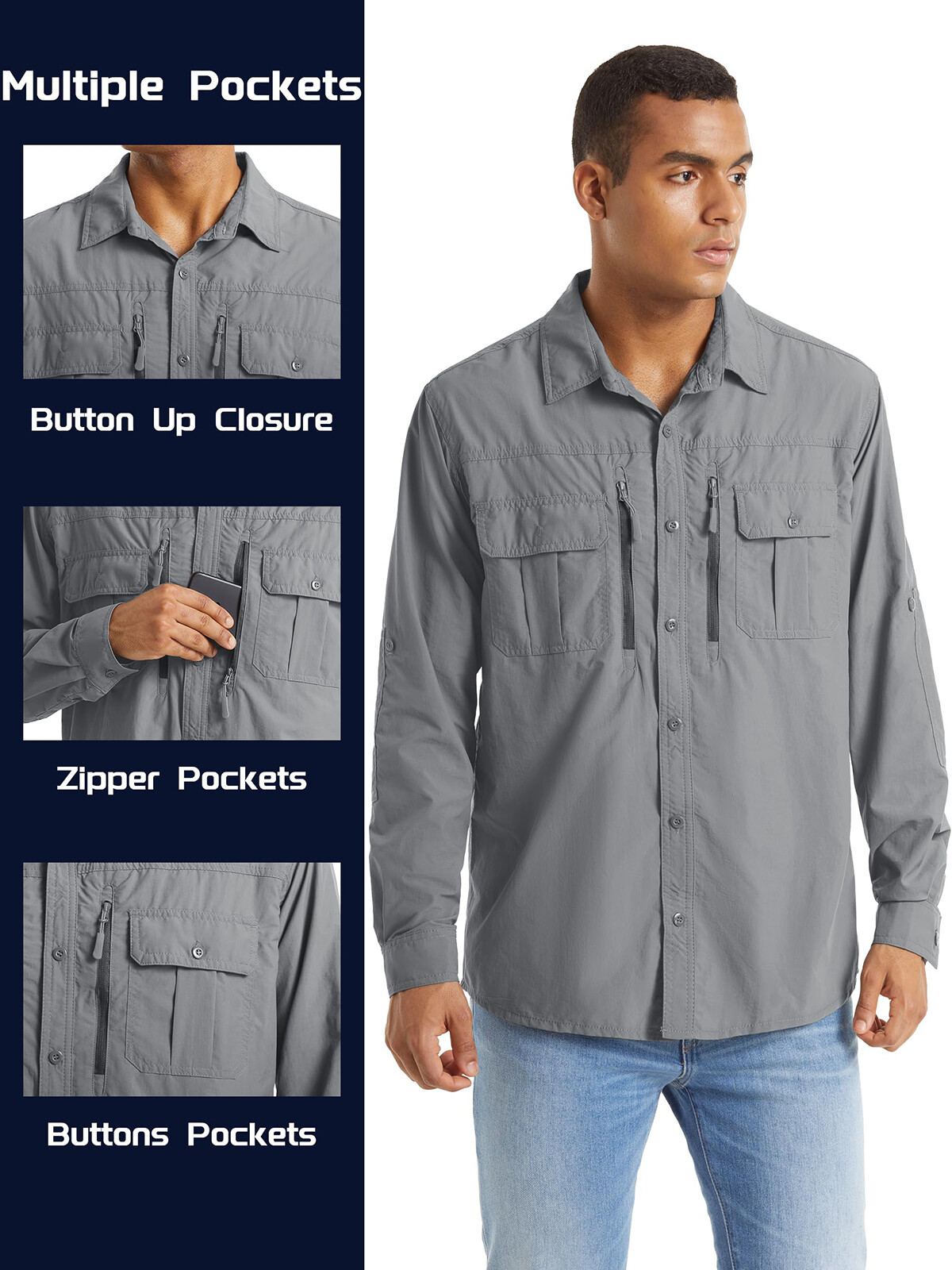 UPF 50+ Mens Quick Dry UV Protection Shirts Long Sleeve Hiking Fishing Work Tops gallery