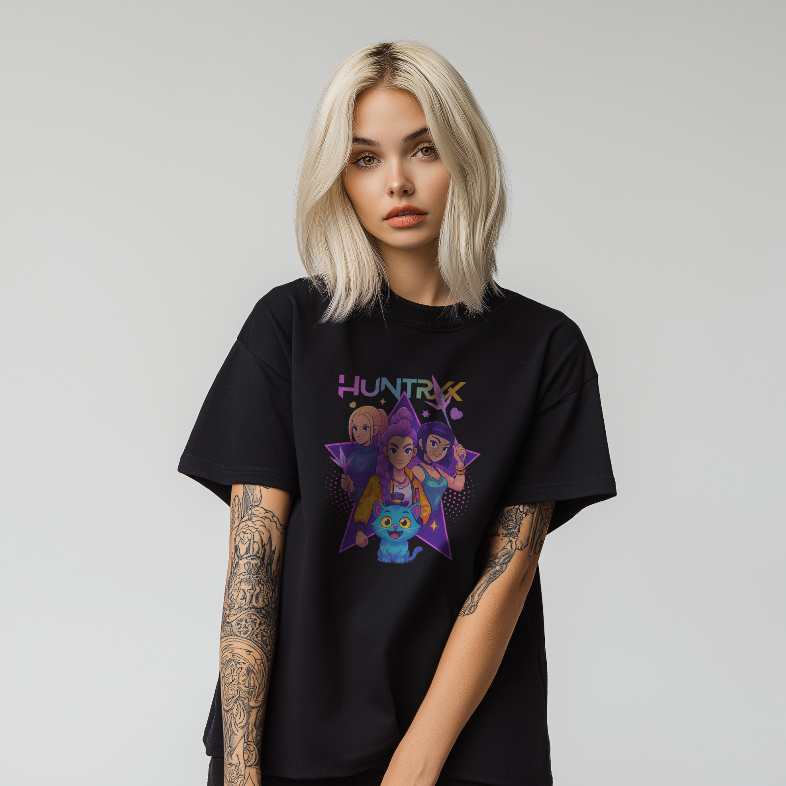 HUNTRX Anime Graphic T-Shirt – Cute KPOP Inspired Cartoon Girls & Cat Tee A275 gallery