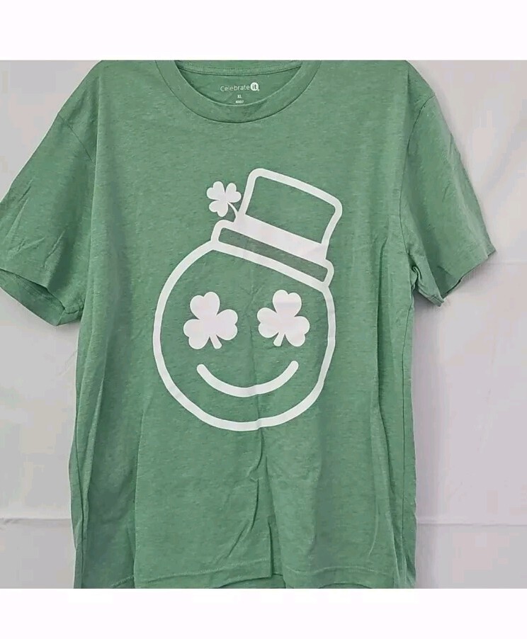 Smiley Face T Shirt Emoji Shamrock Eyes Green XL Unisex Tee NWOT