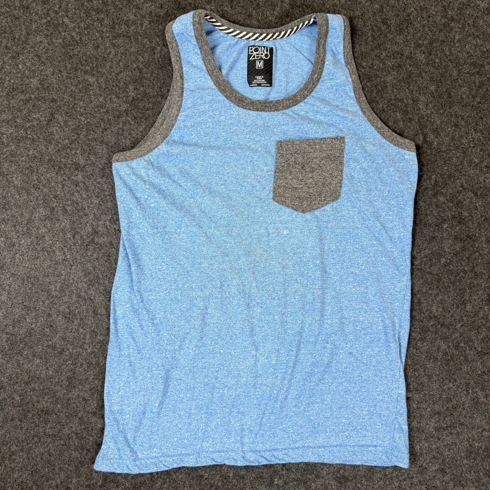 Point Zero Tank Top Mens Medium Blue w/ Gray Pocket Cotton Blend Tee- See photos