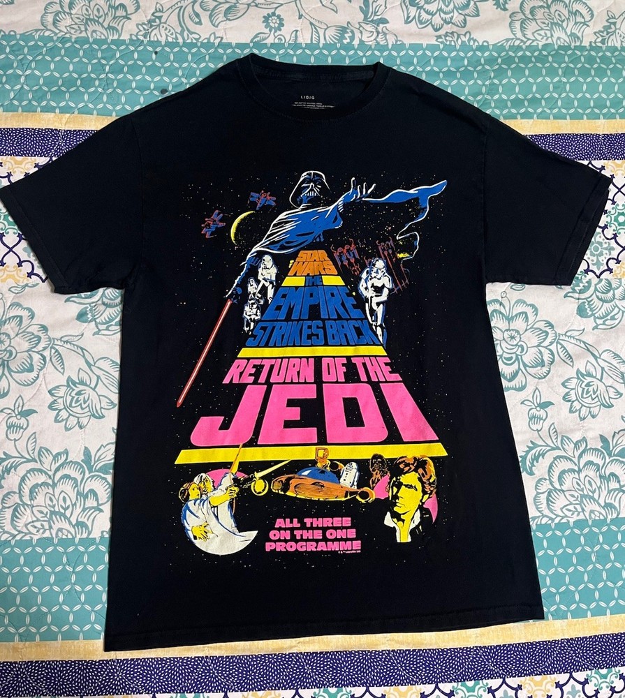 Star Wars Empire Strikes Back Return of the Jedi Graphic Tee Neon Black (Large)
