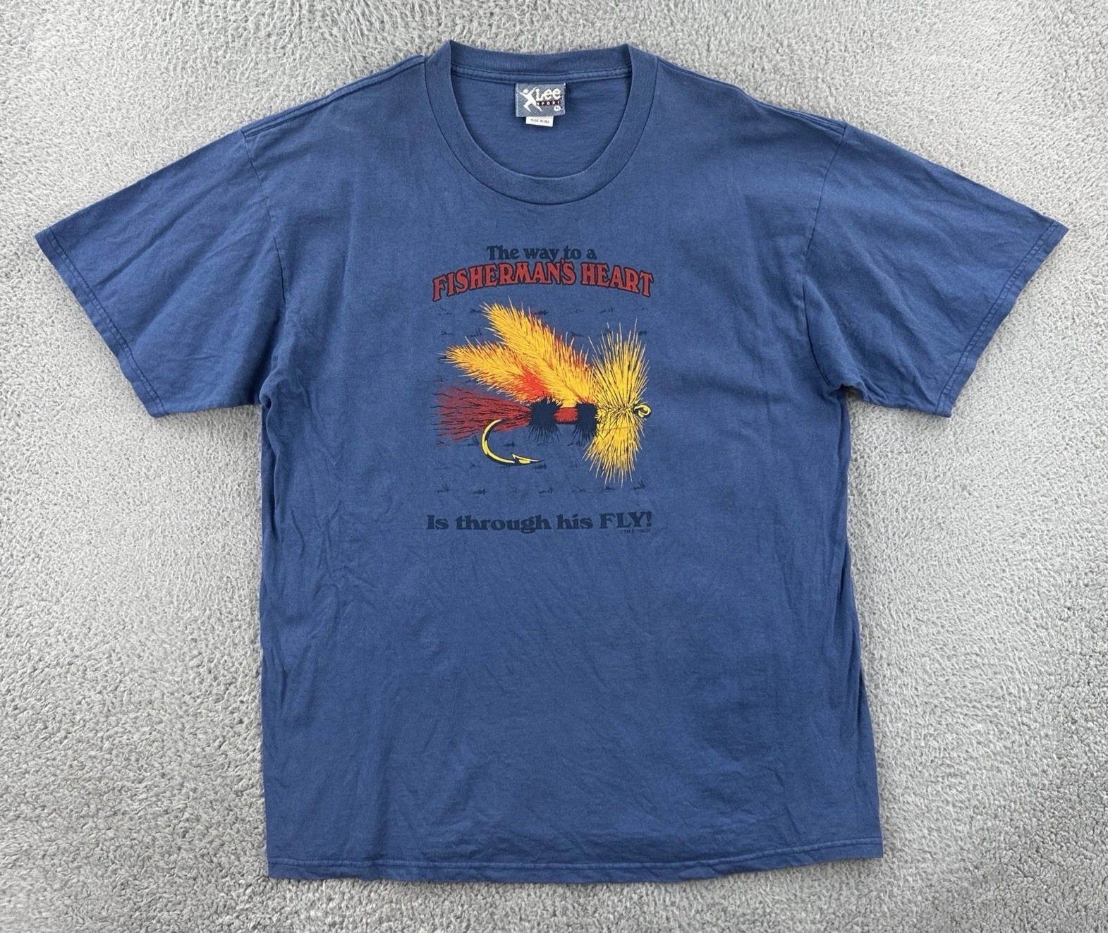 Vintage Lee Sport 90s XL Blue T Shirt Made In USA Fisherman’s Heart Through Fly