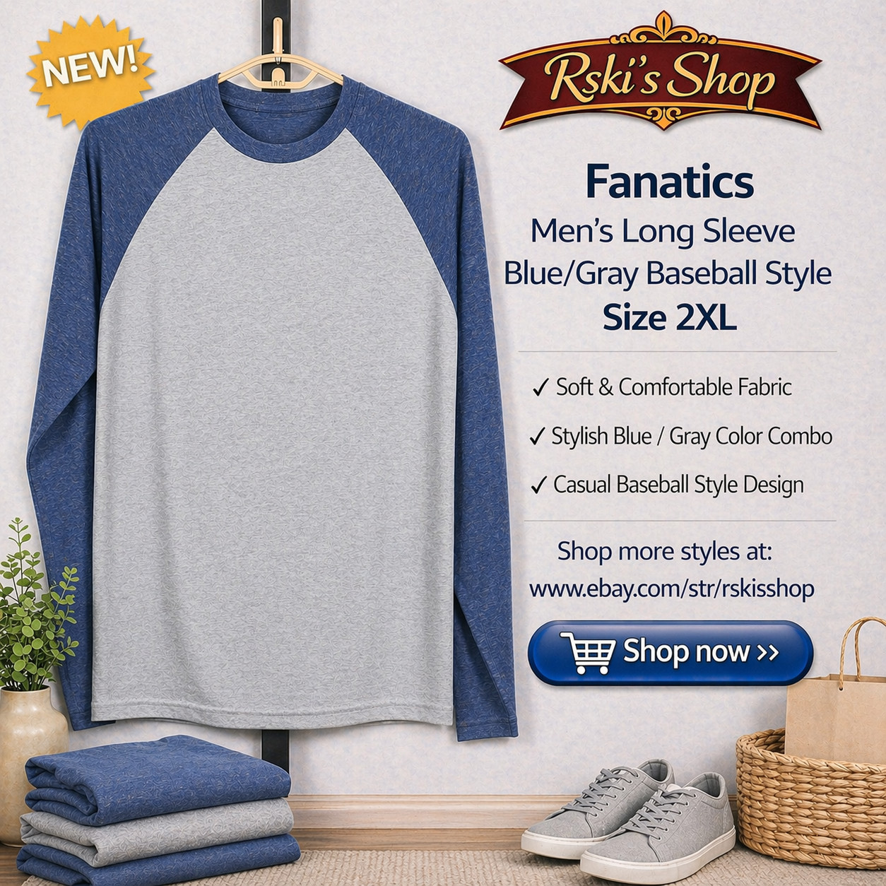 Men’s NWOT Fanatics Long Sleeve Navy Blue/Gray Baseball T-Shirt Size 2XL