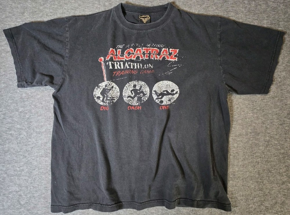 Vtg Alcatraz Triathlon Training Game Shirt XL Black Single Stitch Gold Series