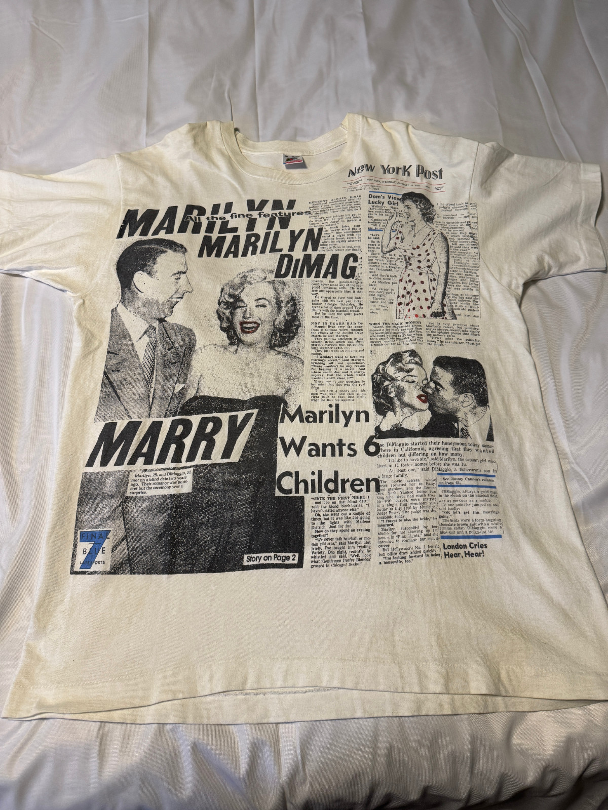 90s USA MARILYN MARRY DiMAG News paper All Over Graphic T-Shirt Size XL gallery