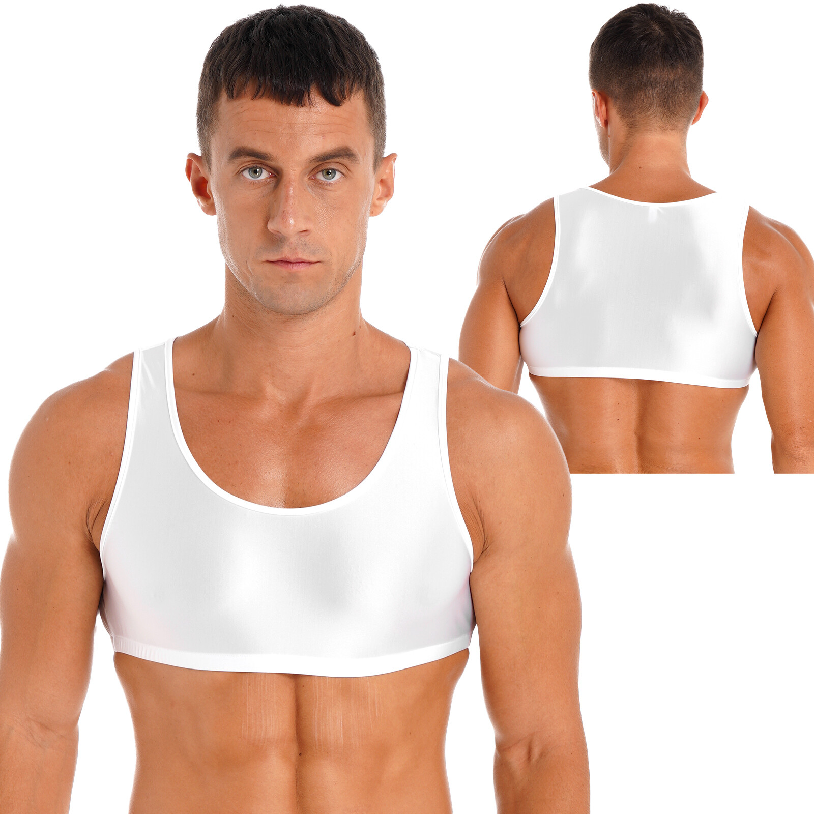 US Men Sports Bra Crop Tank Top Vest Shiny Glossy Y-Back Fitness Muscle Shirt