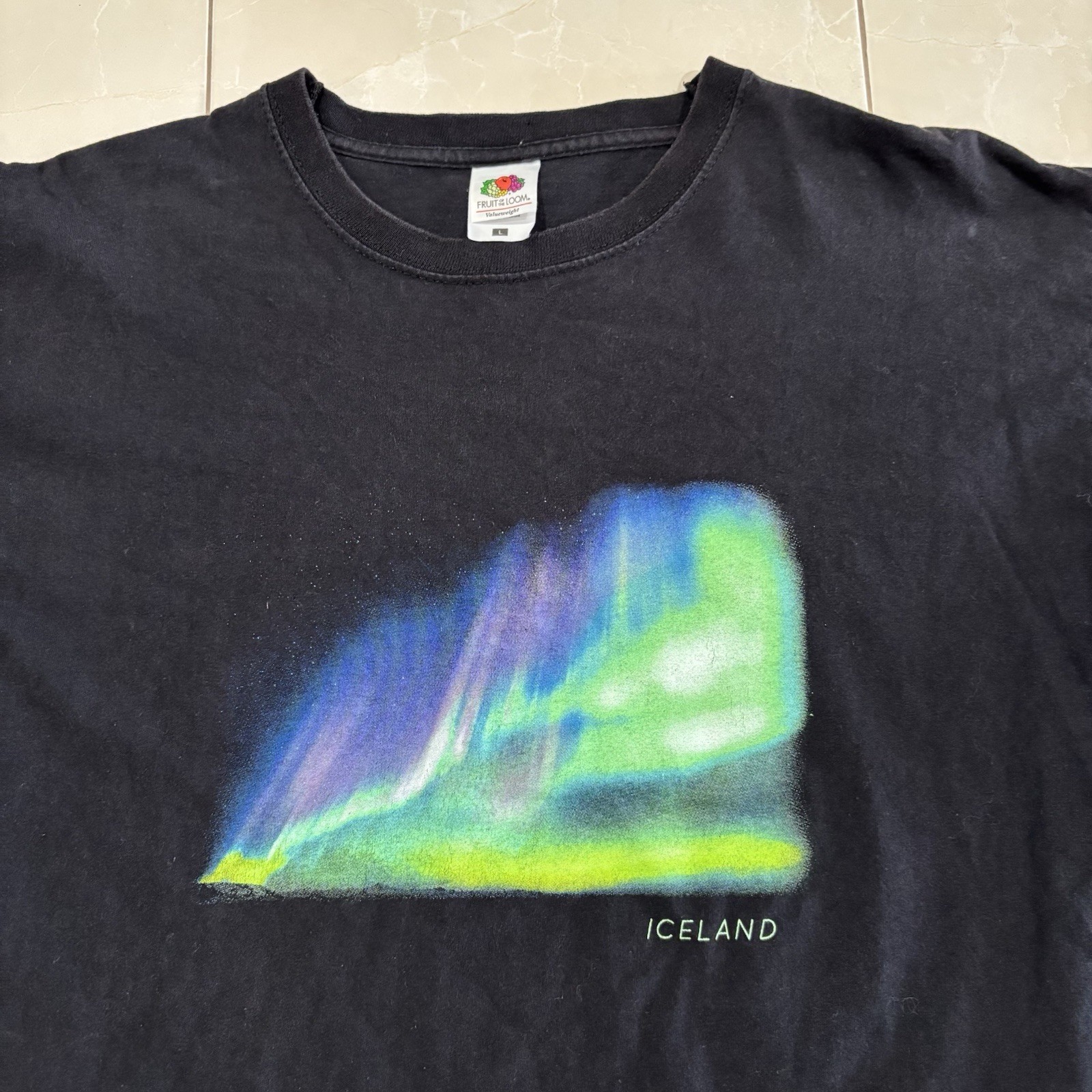 Vintage Iceland Northern Lights T Shirt Black Faded Y2K Skate Grunge Gorp Mens L gallery