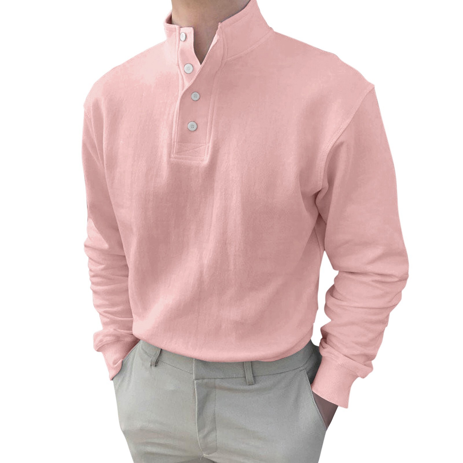 Men Button High Neck Stand Collar Solid Blouse Long Sleeve Top Cotton Shirt gallery