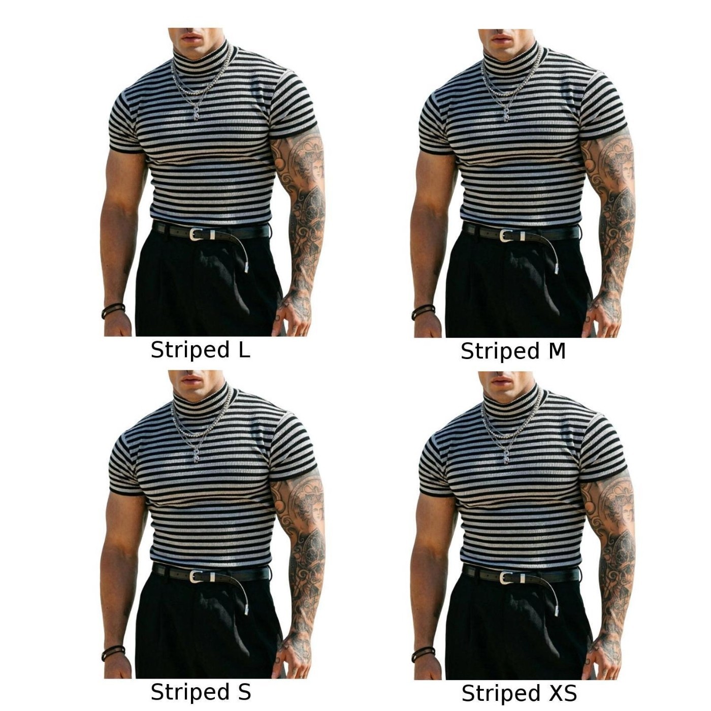 Men Stripe Turtleneck Short Sleeve Slim Pullover Tee 95% Polyester 5% Spandex gallery