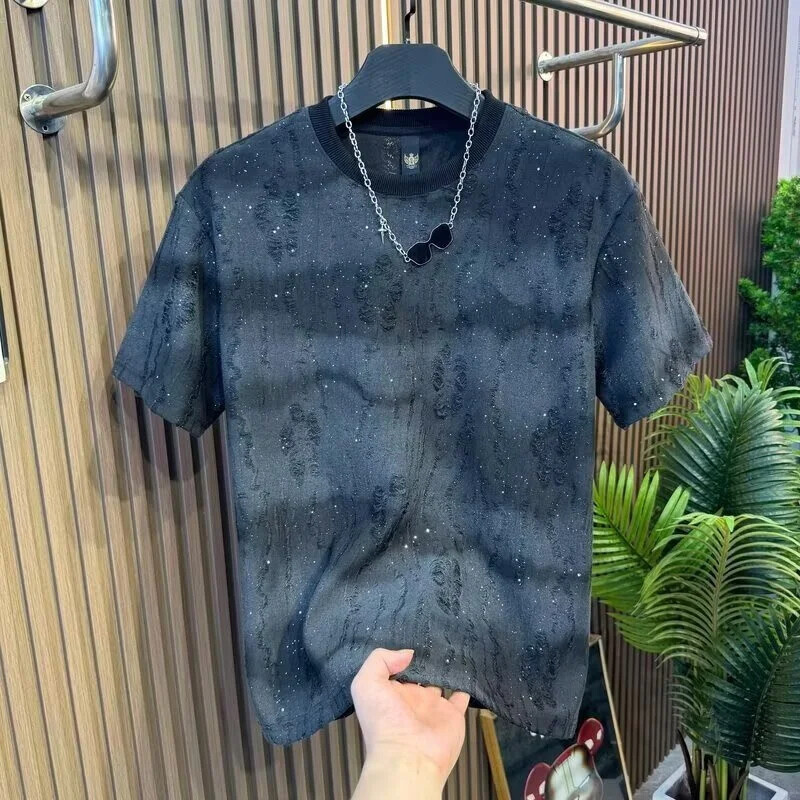 Men Luxury Fashion Trendy Ripped Sequin Diamond Rhinestone Summer T-shirt gallery