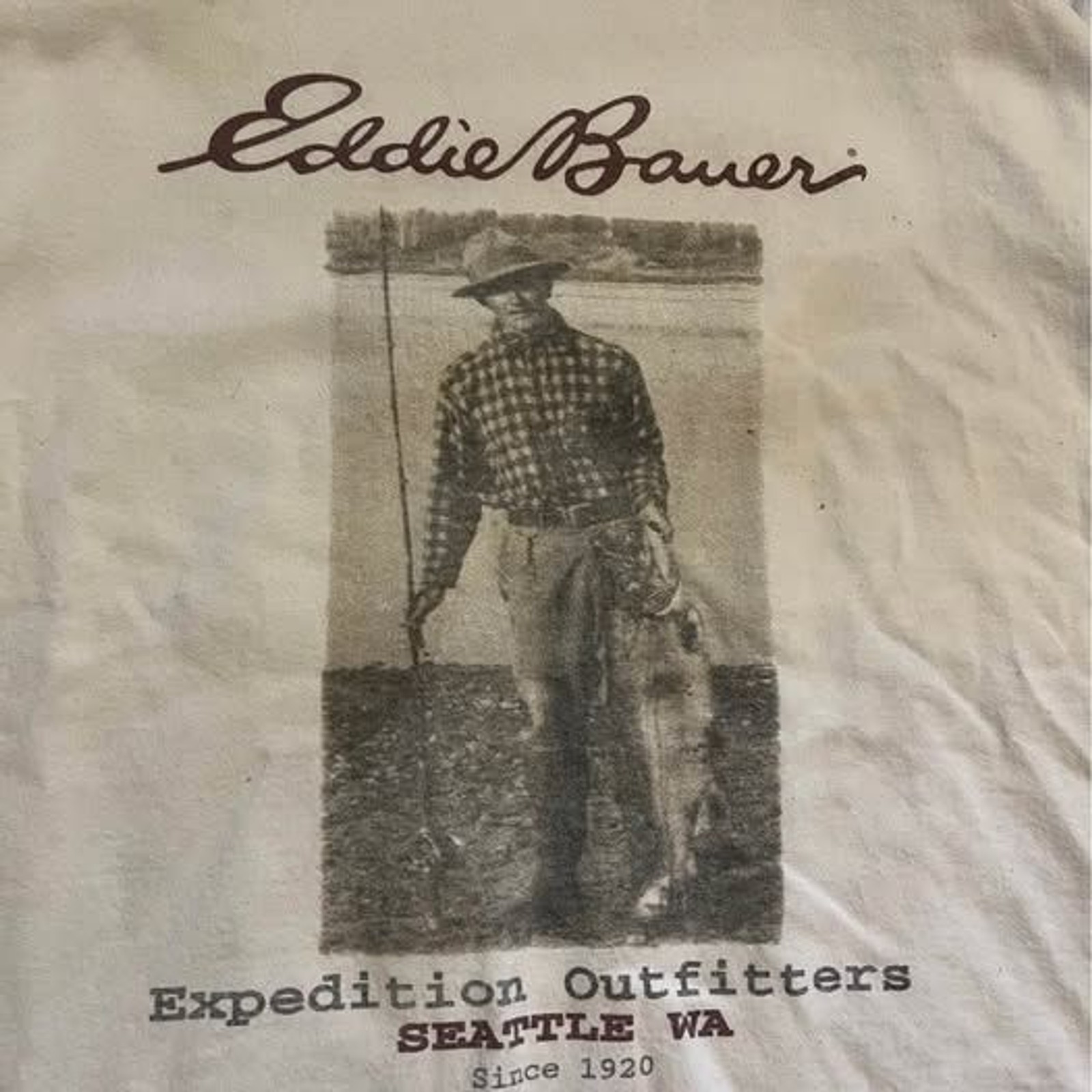 white Eddie Bauer graphic T-shirt vintage fisherman illustration large gallery