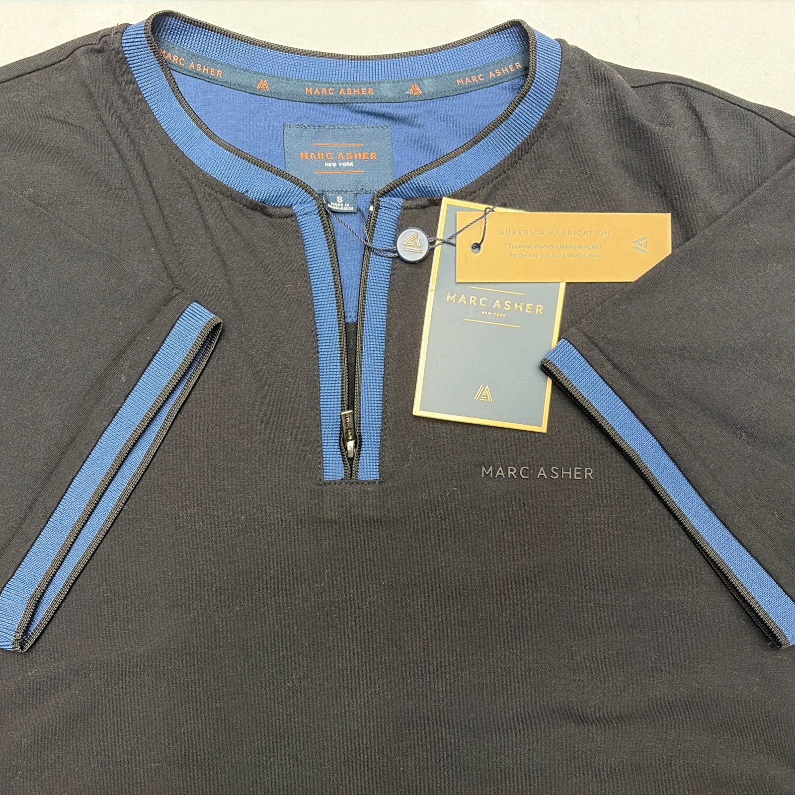 NWT Marc Asher Men’s Shirt Small Black Blue Short Sleeve Zipper gallery