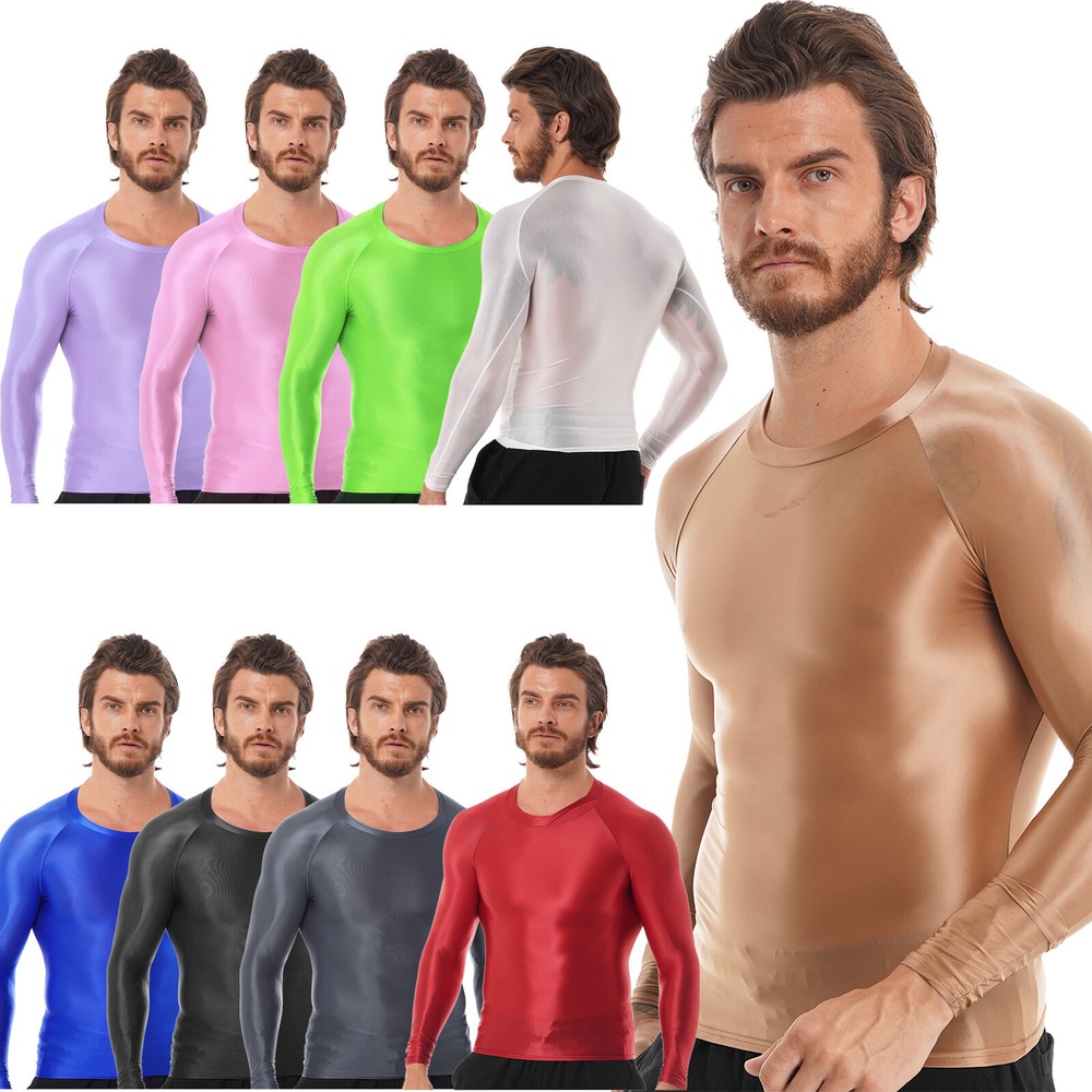 Mens Shiny Glossy Basic Compression Shirts Long Sleeve Swim Workout Gym Tee Tops