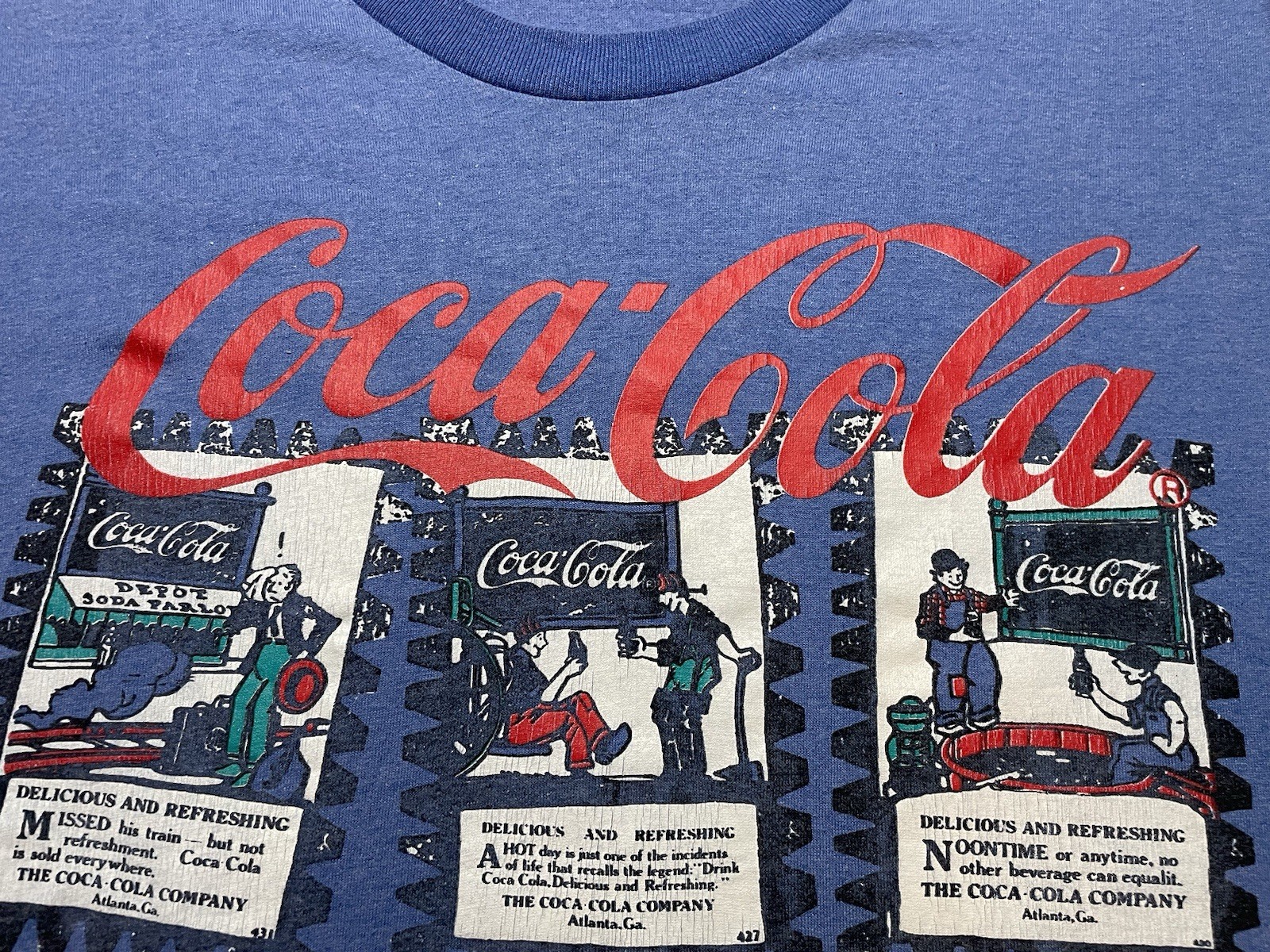 Vintage Coca-Cola Comic Cartoon Men's Blue T-Shirt Size Large Made in USA 90s gallery