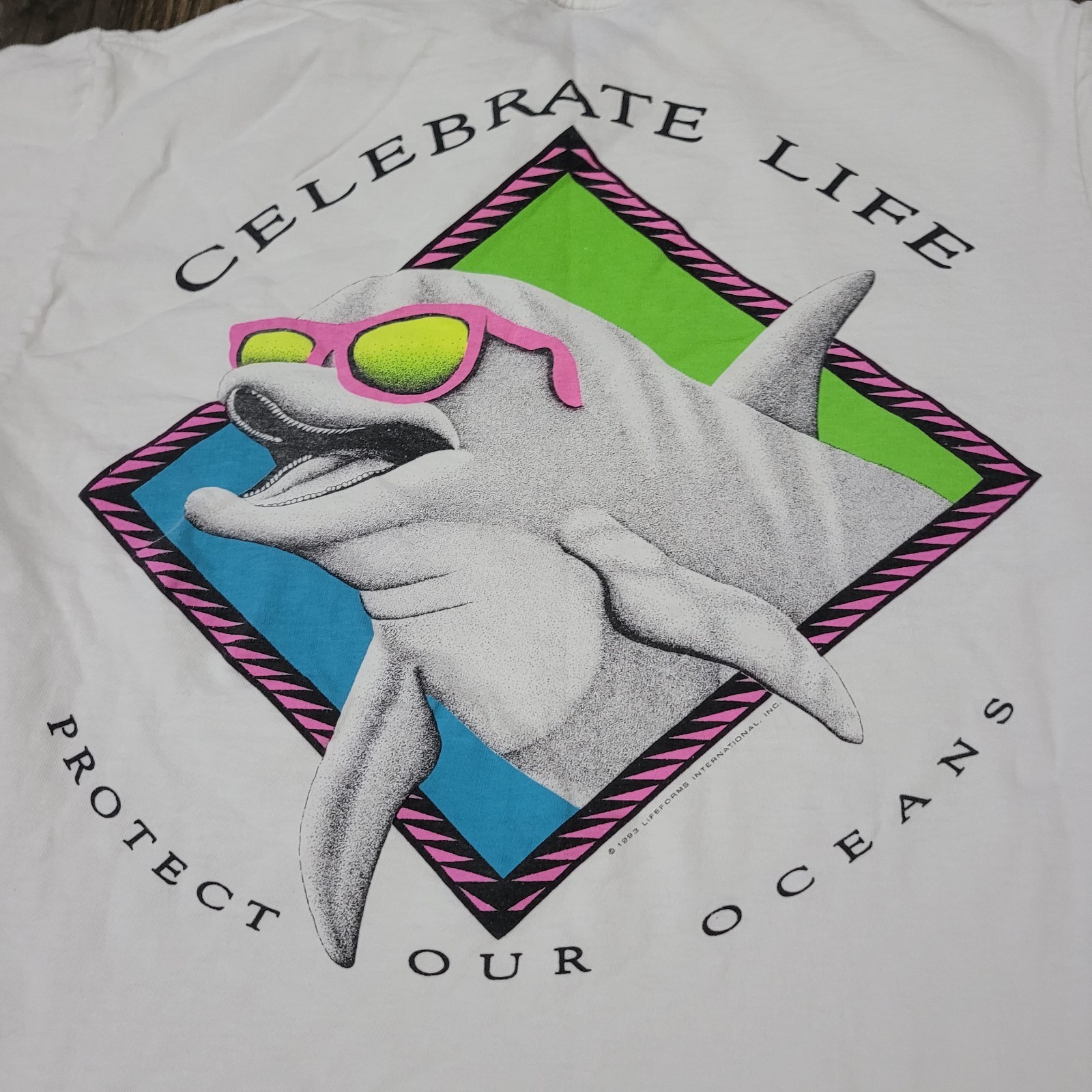 Vintage Oneita Lifeforms Dolphins Shirt Mens Medium White Celebrate Life Tee 90s gallery