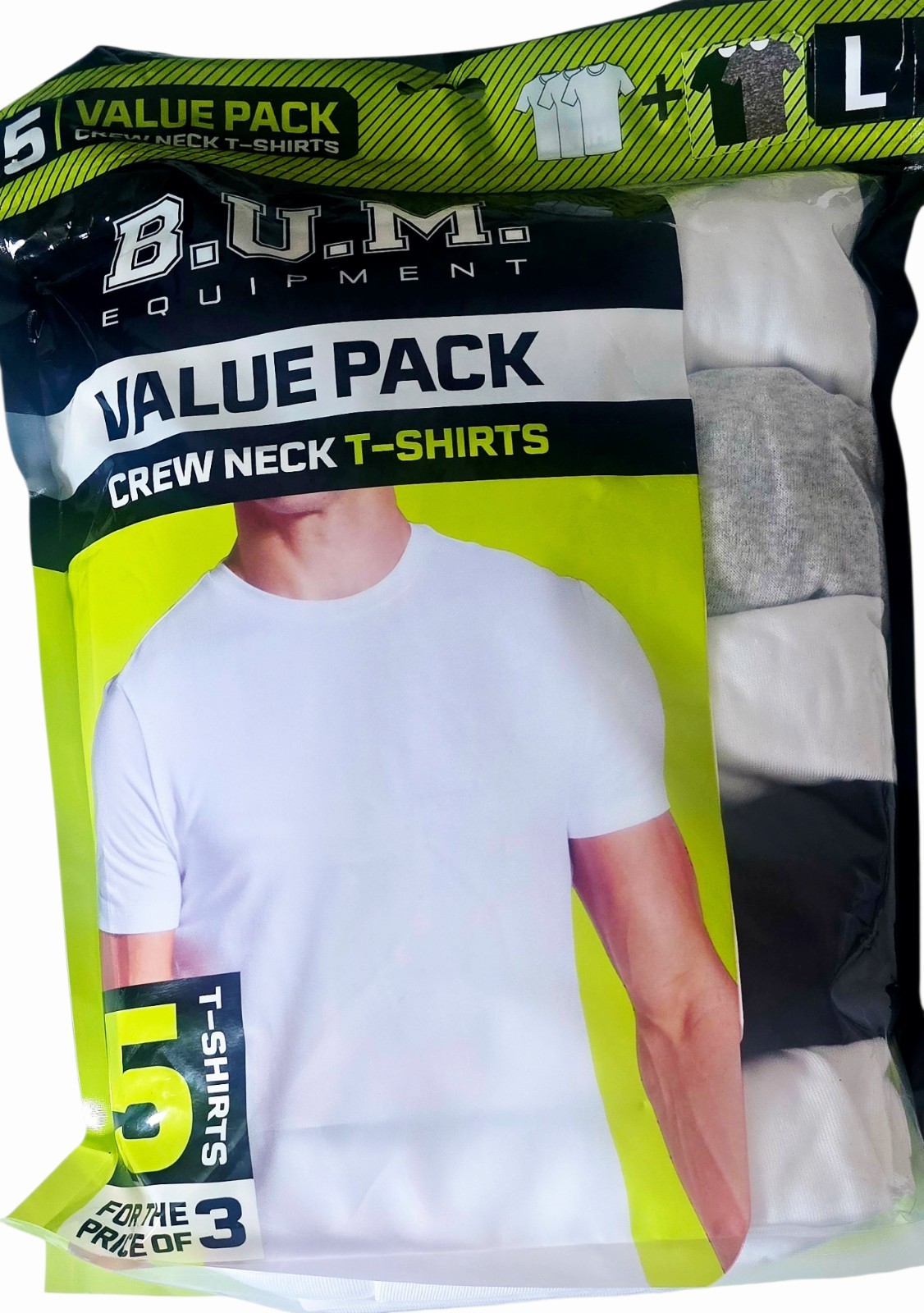 BUM 5x Value Pack Men's T-shirts, Cotton (3 White, 1 Gray, & 1 Black), Large gallery