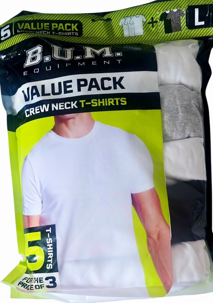 BUM 5x Value Pack Men’s T-shirts, Cotton (3 White, 1 Gray, & 1 Black), Large