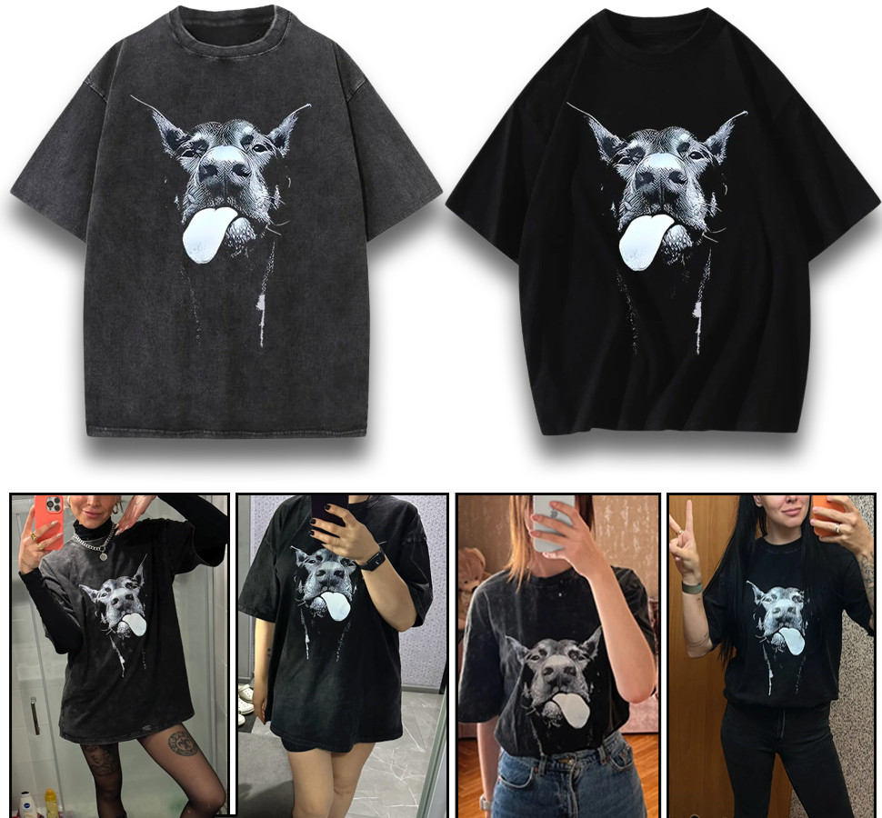 Relaxed Fit Cotton T-Shirt With Doberman Dog Pirnted Streetwear Unisex Tee gallery