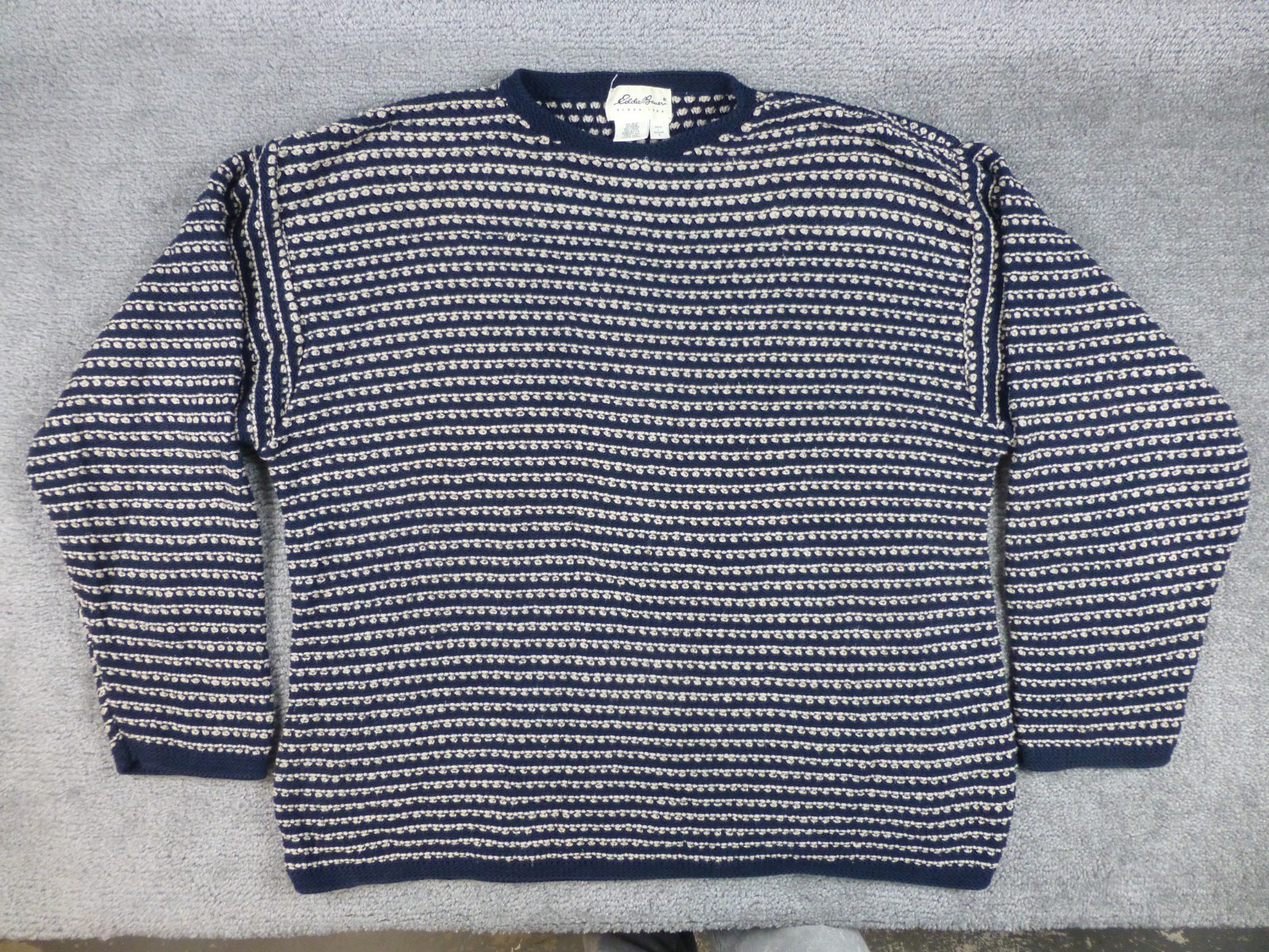 EDDIE BAUER Birdseye Heavy Knit Sweater Large Cotton Fisherman Blue White READ
