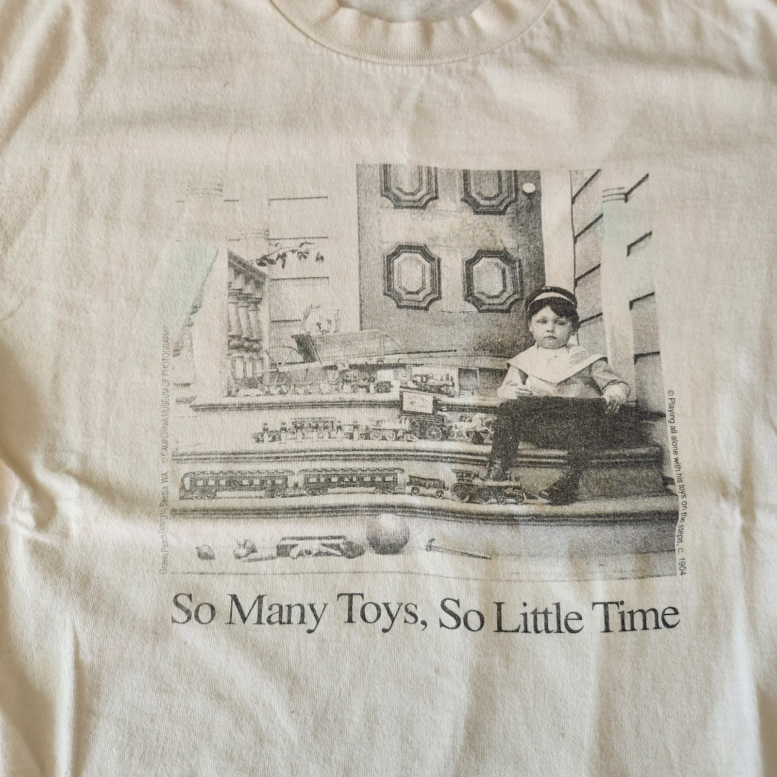 Vintage 90s So Many Toys So Little Time Tshirt Size L Cream White gallery