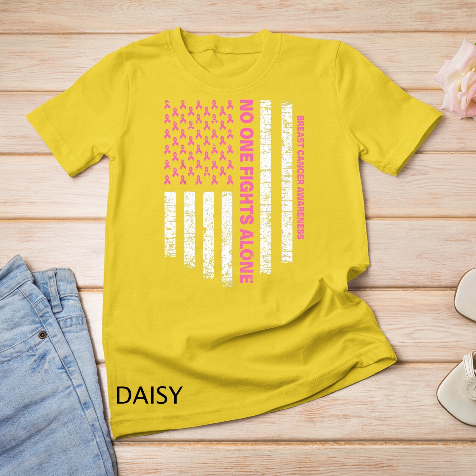 No One Fights Alone USA Flag Breast Cancer Awareness Unisex T-shirt gallery