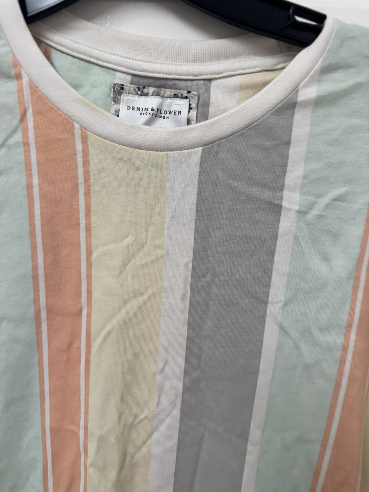 Denim Flower Ricky Singh Mens Shirt Medium Multicolor Stripe Peace Tshirt EUC A6 gallery
