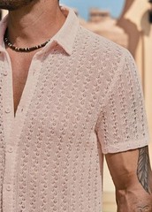 Men’s Knit Crochet Button Down Shirt Hollow Out Textured Casual Summer Top S-XXL