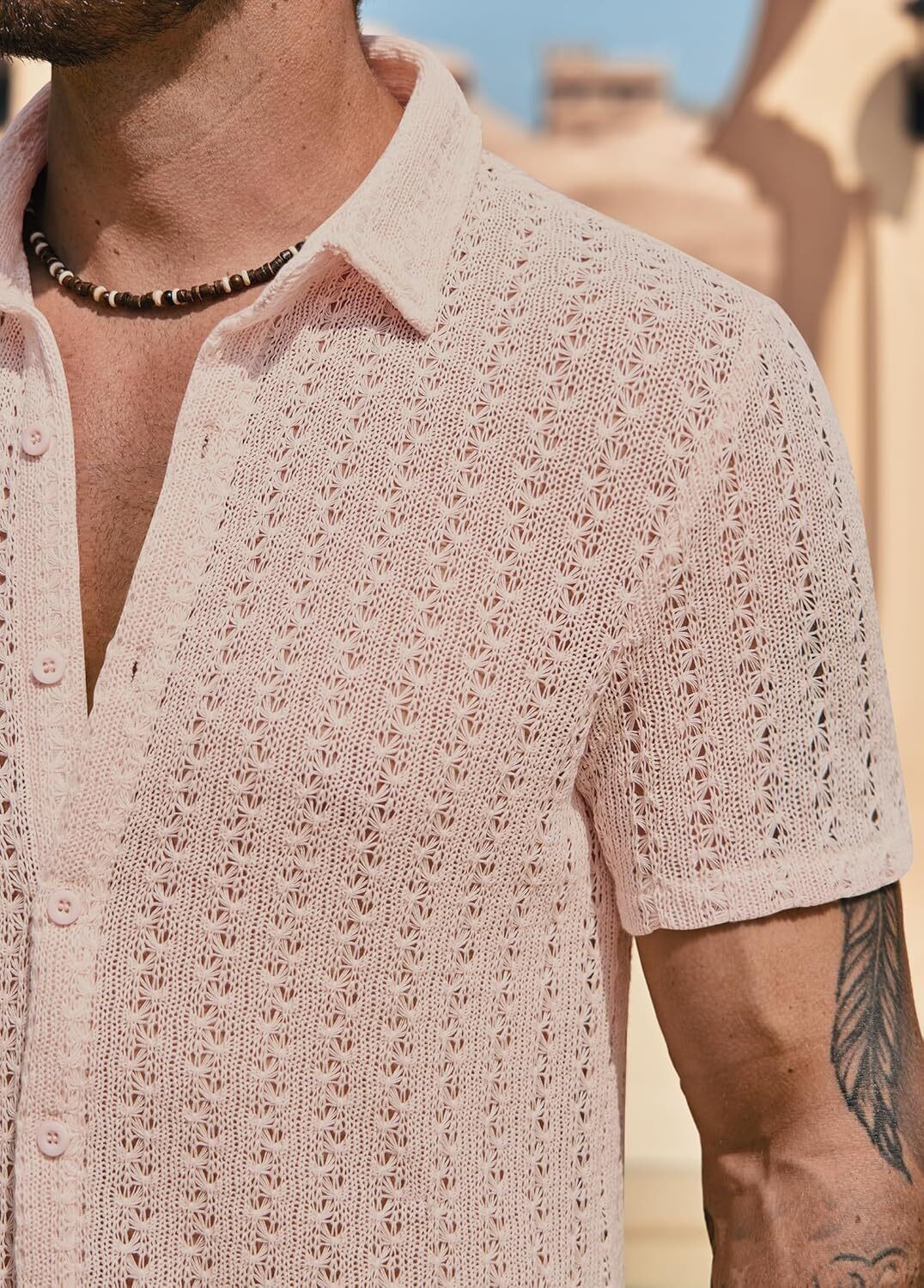 Men's Knit Crochet Button Down Shirt Hollow Out Textured Casual Summer Top S-XXL gallery