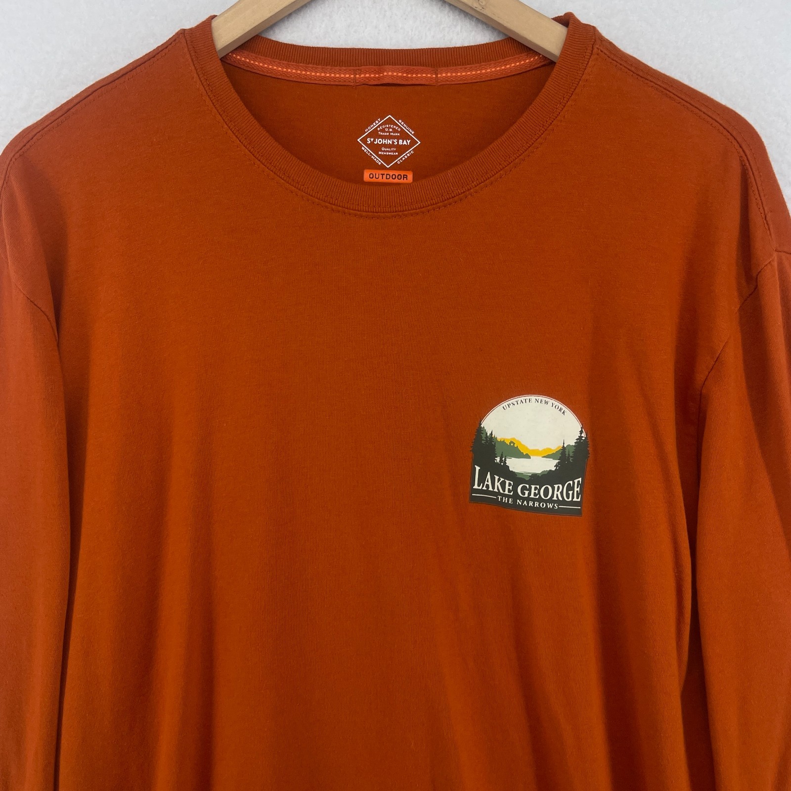 ST JOHNS BAY Shirt Mens L Lake George The Narrows NY Glen Island Outdoor Orange gallery