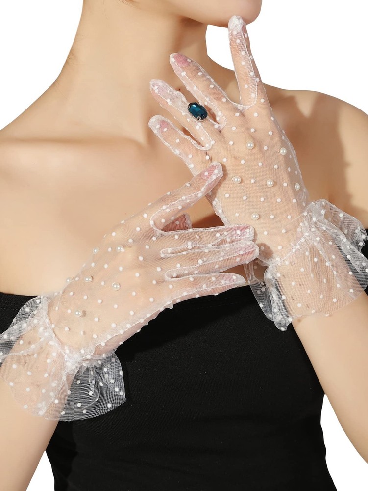 ‘s Polka Dots Pearls Sheer Mesh Tea Party Gloves Ruffle Trim Bridal Gloves Wh…