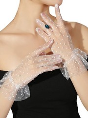 ‘s Polka Dots Pearls Sheer Mesh Tea Party Gloves Ruffle Trim Bridal Gloves Wh…