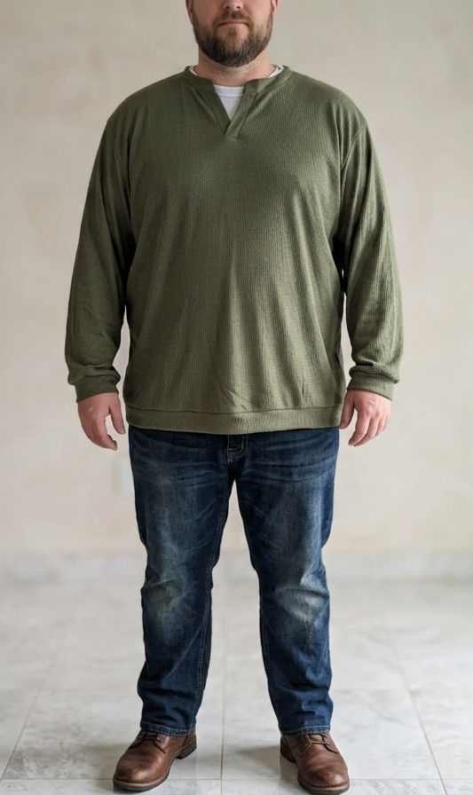 Men's 4XL Olive Green Waffle Knit Long Sleeve Shirt Notch Neck Casual Thermal To gallery
