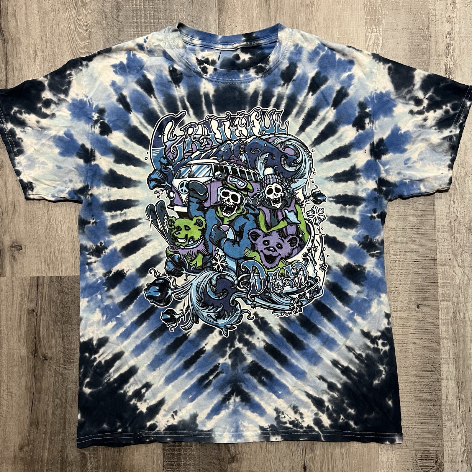 Grateful Dead Mountain Madness Blue Tie Dye Stealie Skull Band T Shirt Size L