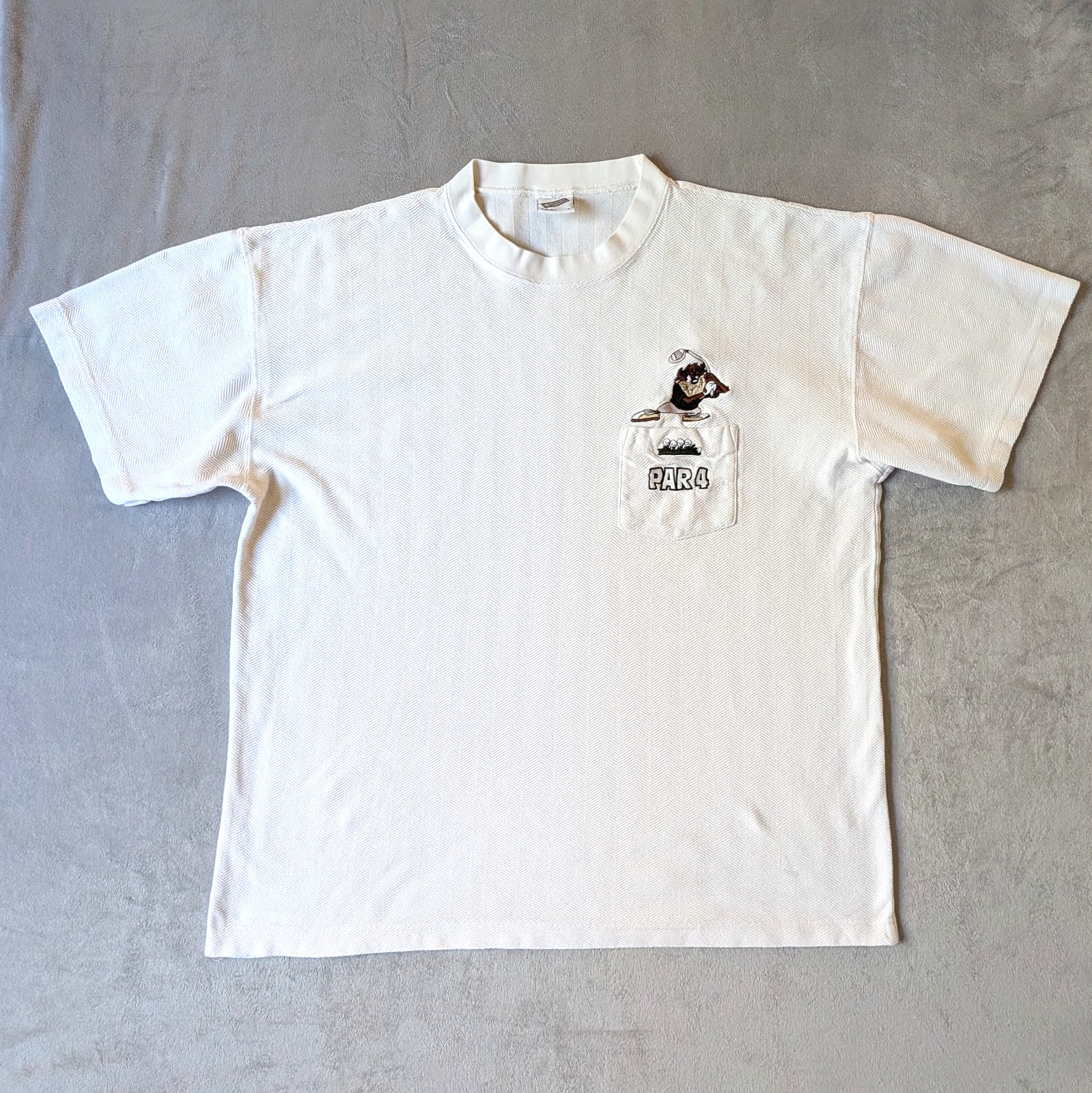 Vtg Looney Tunes Taz Golf Pocket Boxy T-Shirt Mens Large White Herringbone 90s