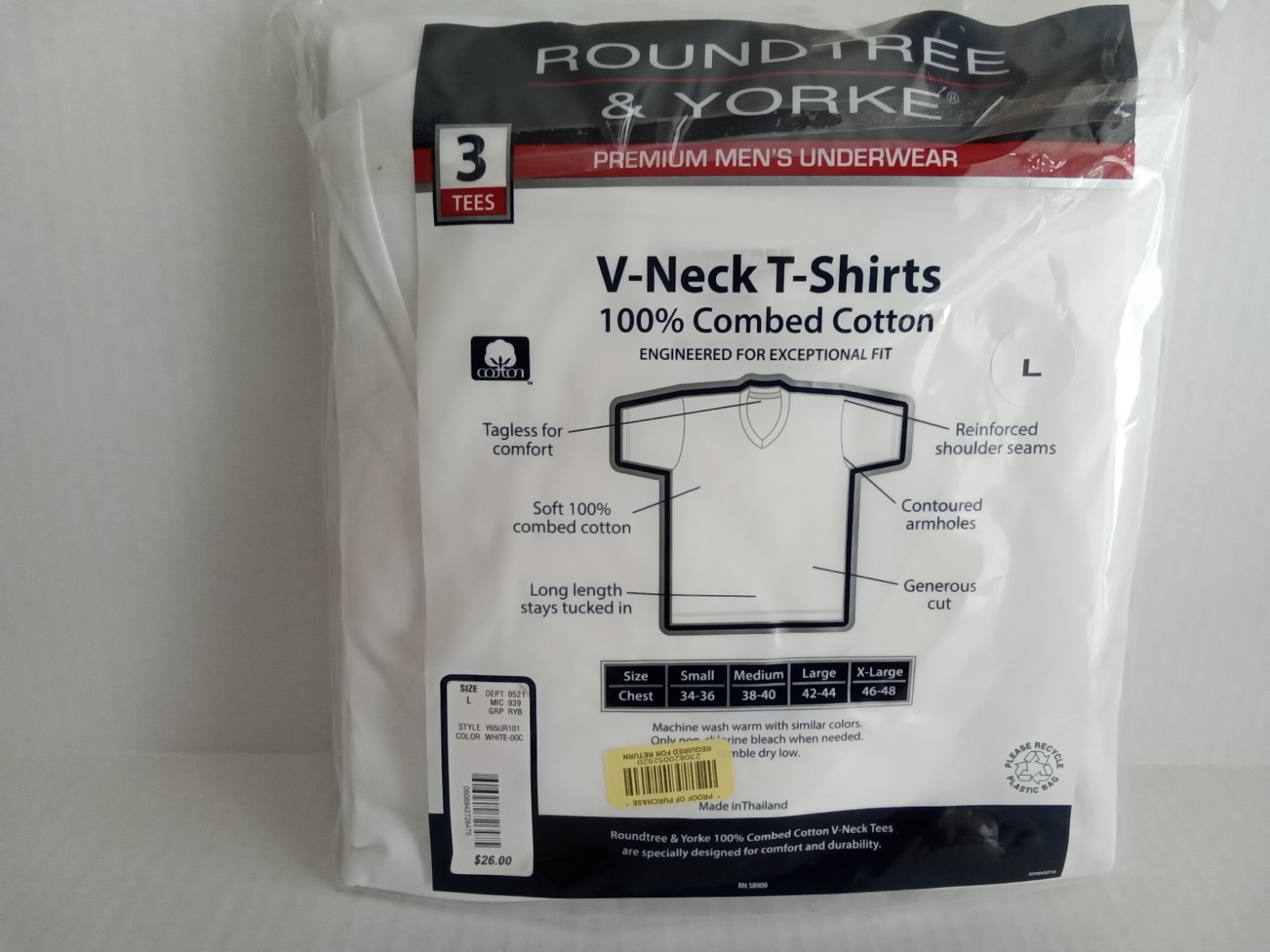 Roundtree & Yorke V Neck T Shirt 3 Pack Size Large Mens 100% Combed Cotton New gallery