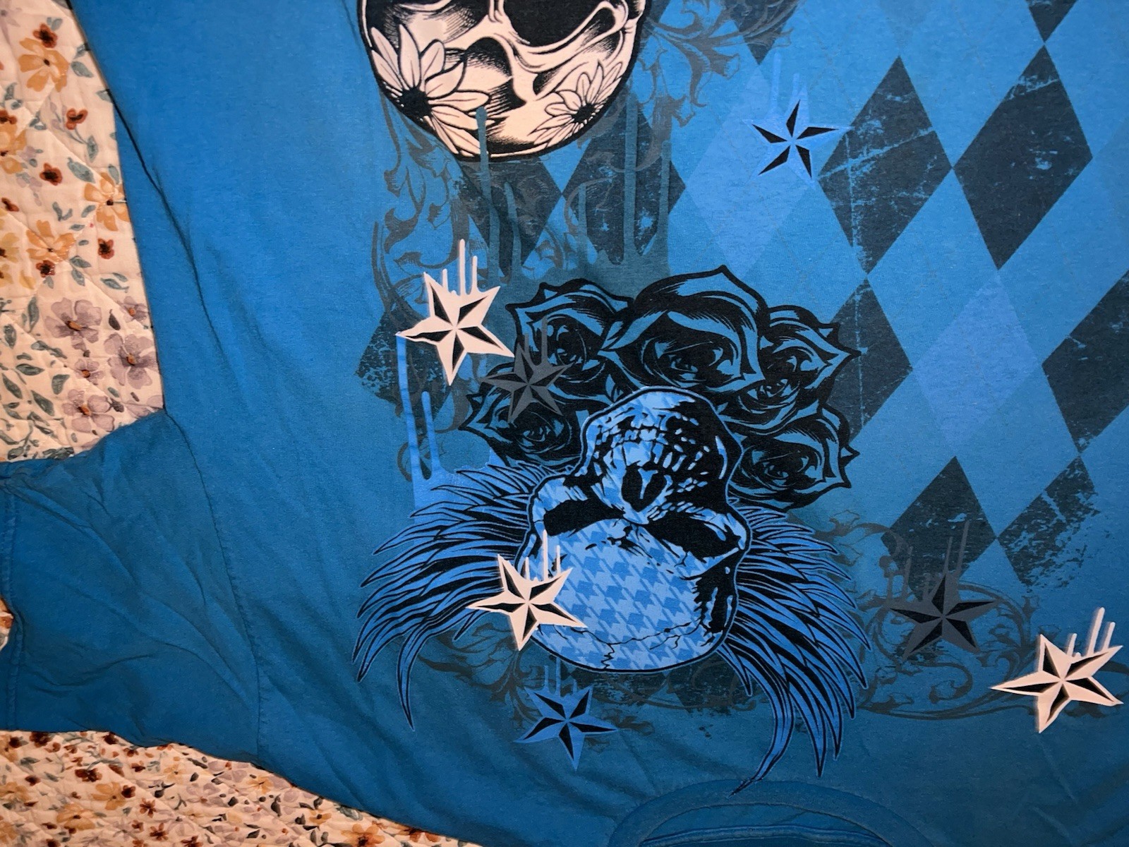 Y2K Big Skulls T-Shirt Size 2XL ?? Blue Argyle Stars See Pics No Tag gallery