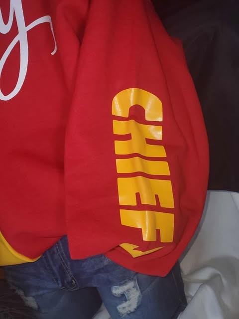 KC CHIEFS GLITTER KANSAS CITY raw edge sweatshirt cold shoulder off shoulder gallery