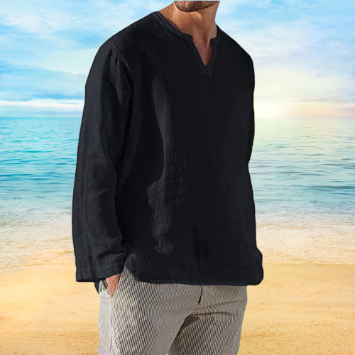 Men's Shirt Long Sleeve Cotton Linen T-shirt V-Neck Solid Breathable Casual NEW gallery