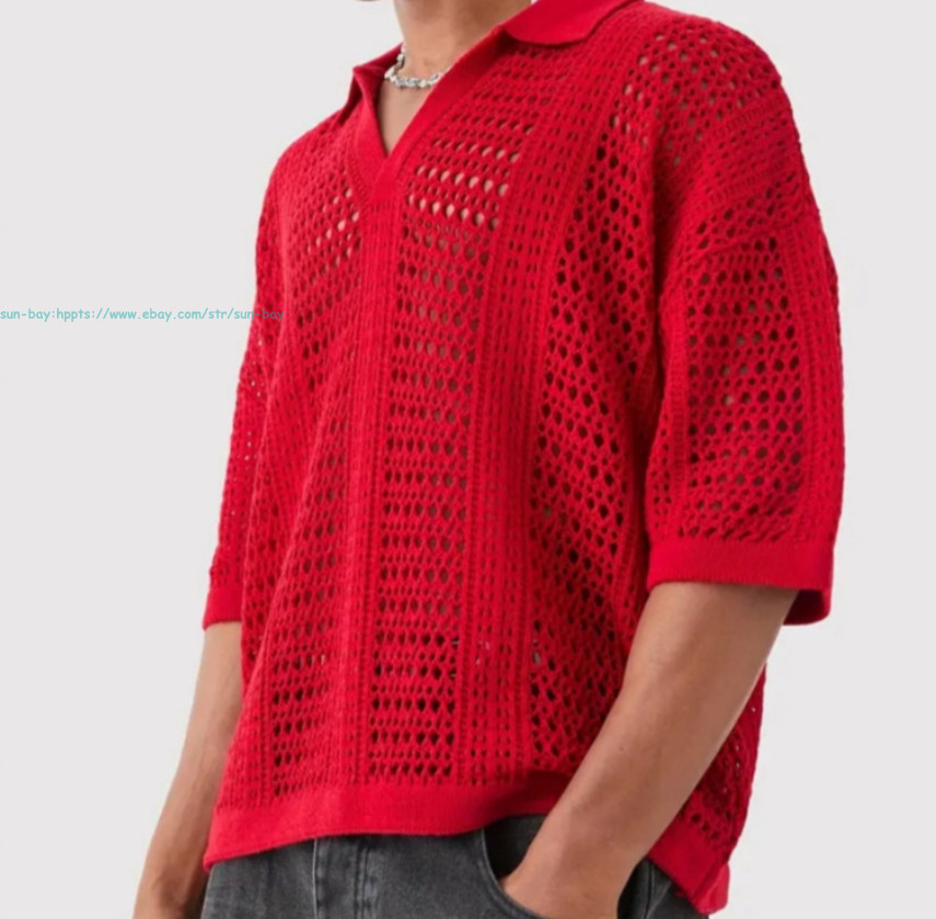 Men’s Crochet Button Down T-Shirt Short Sleeve Hollow Out Collar Beach Knit Tops