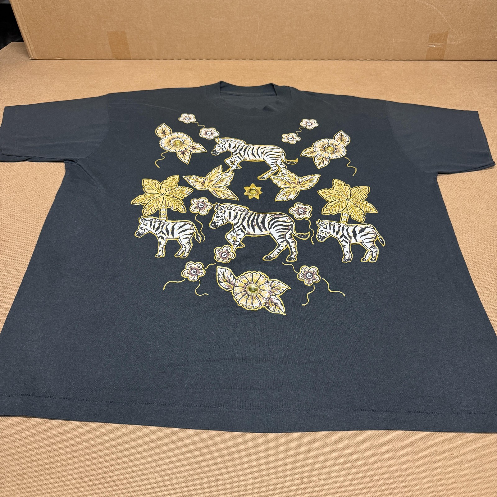 Zebra Floral Shirt Mens XL Black Graphic Animal Beaded Flowers Tee Embellished gallery